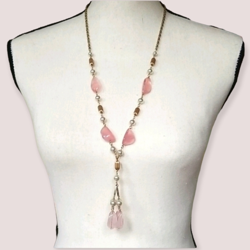Vintage 12K Gold Filled Pink Quartz Majorca Pearl Necklace - Picture 3 of 11